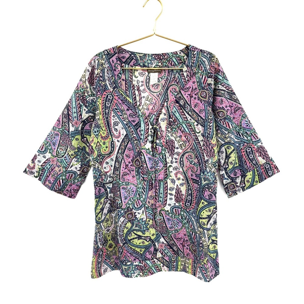 Tommy Bahama Paisley Cotton Peasant Cover Up Tunic Tie Neck 3/4 Sleeve XS - Picture 2 of 8